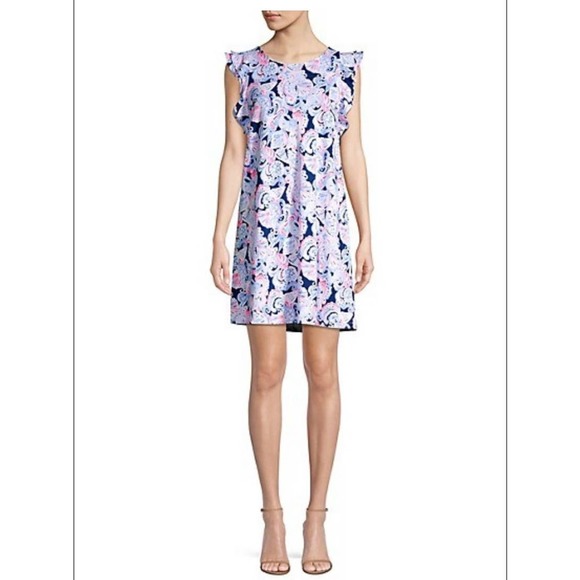 Lilly Pulitzer Dani Ruffled Abstract Shift Dress Color: High Tide Sz:M - Picture 4 of 11